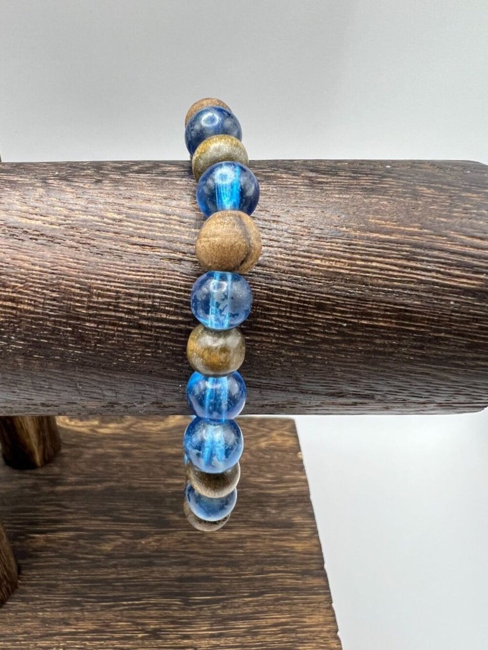 Blue Glass & Wood Beaded Stretch Bracelet Handmade Jewelry